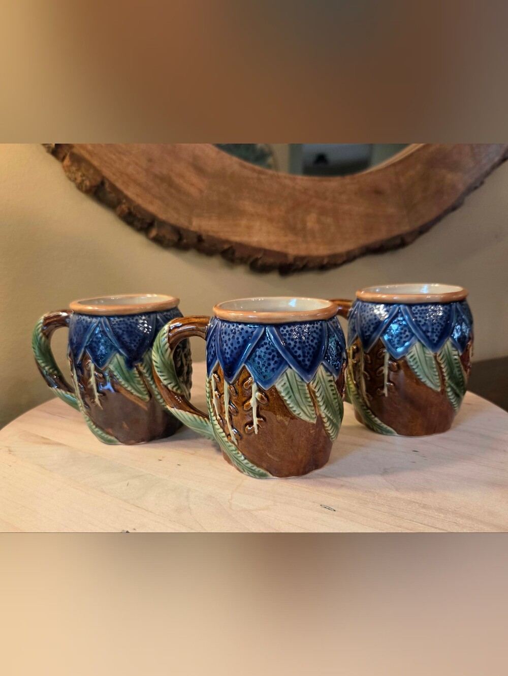 Lot of 3 Vtg Majolica Glaze Hand Painted Botanical Cobalt Blue Green Brown MCM